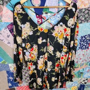 Billabong Floral Romper Criss Cross‎ Back Long Sleeve Top Black Medium
